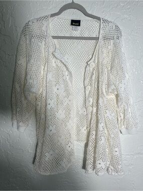 Vintage Y2K Dotti White Crochet Knit Cardigan Boho Beach Cover Up Size M‎